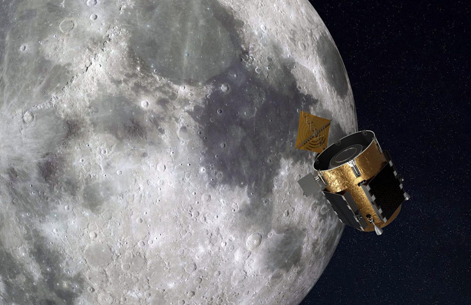 An illustration of the Elytra lunar orbiter with a deployed antenna. Credit: Firefly