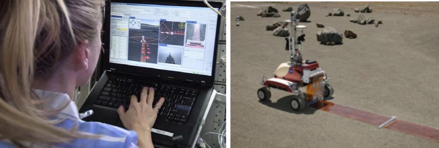 Exploration Telerobotics: Telerobotics is a key technology for operating rovers on planetary surfaces with minimal latency. Here, astronaut Karen Nyberg, orbiting Earth on the ISS, teleoperates the K10 rover at NASA Ames and deploys a simulated lunar radio telescope array.