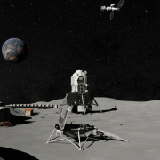 Artist illustration of a Lunar base with equipment