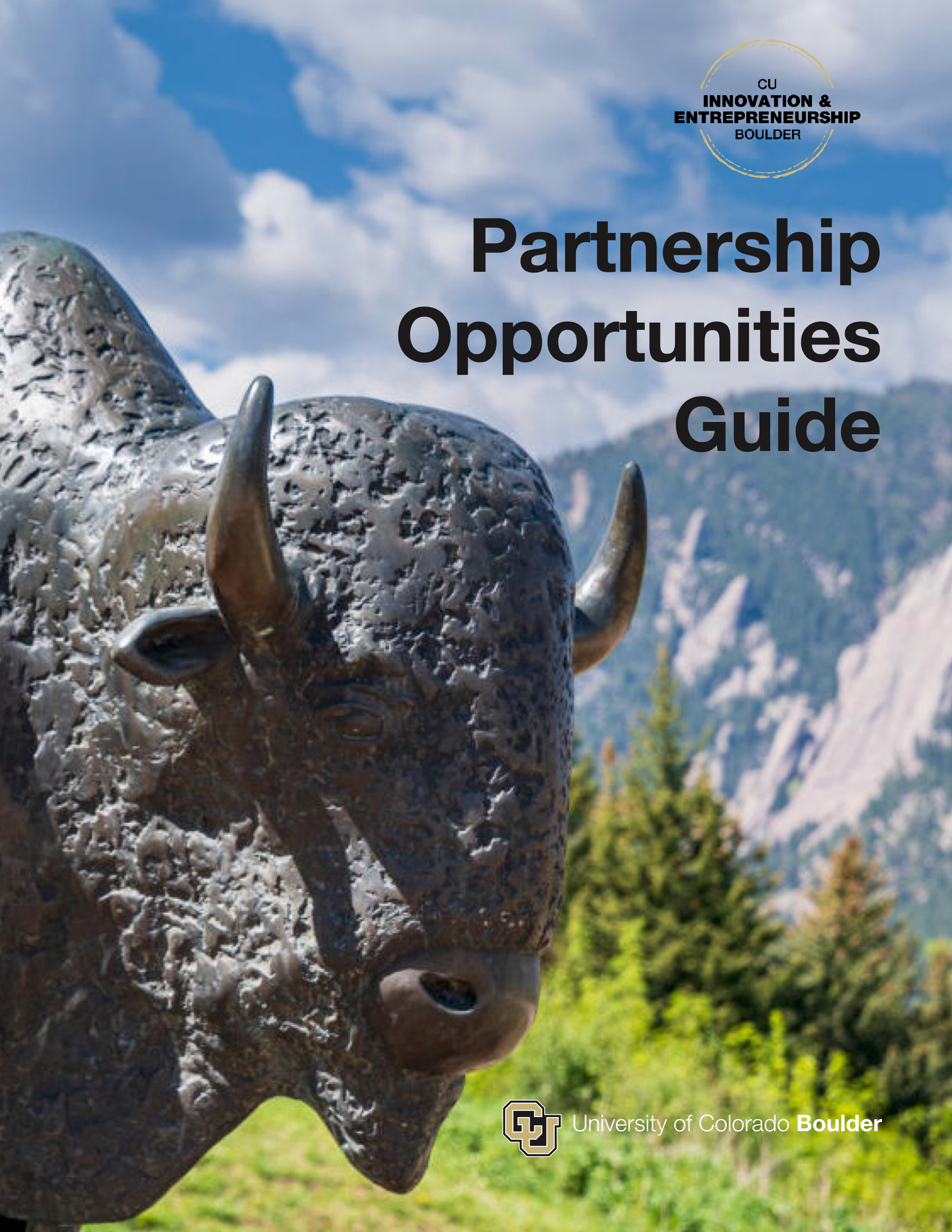 CU Boulder Innovation & Entrepreneurship Partner Packet cover, featuring a statue of a buffalo against a backdrop of the Flatirons.
