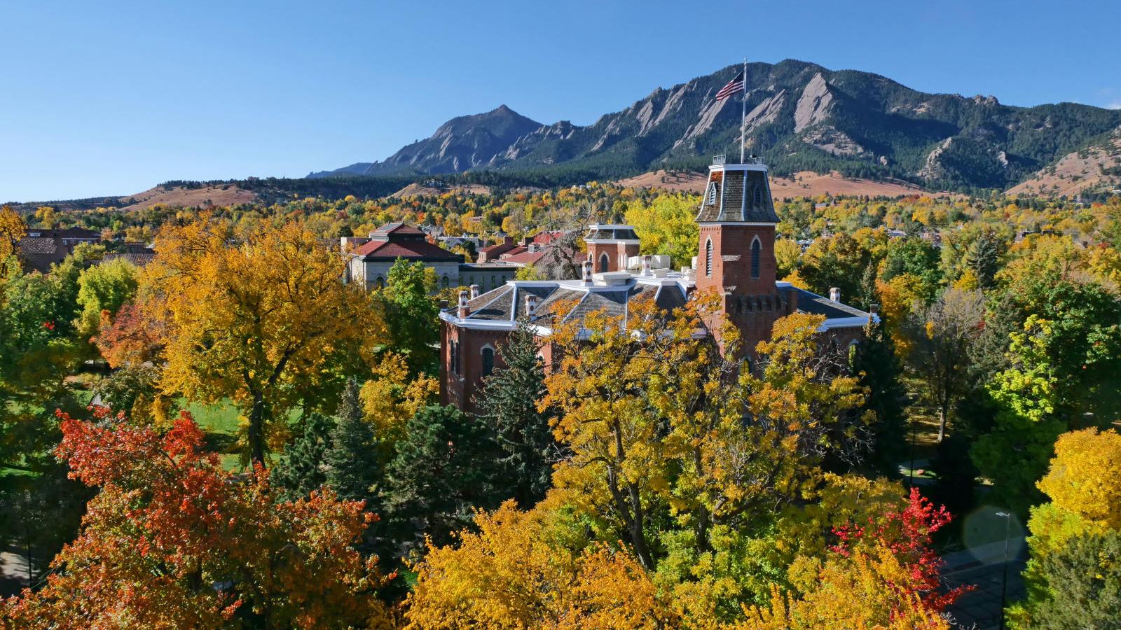 Aerial view of CU Boulder in the fall