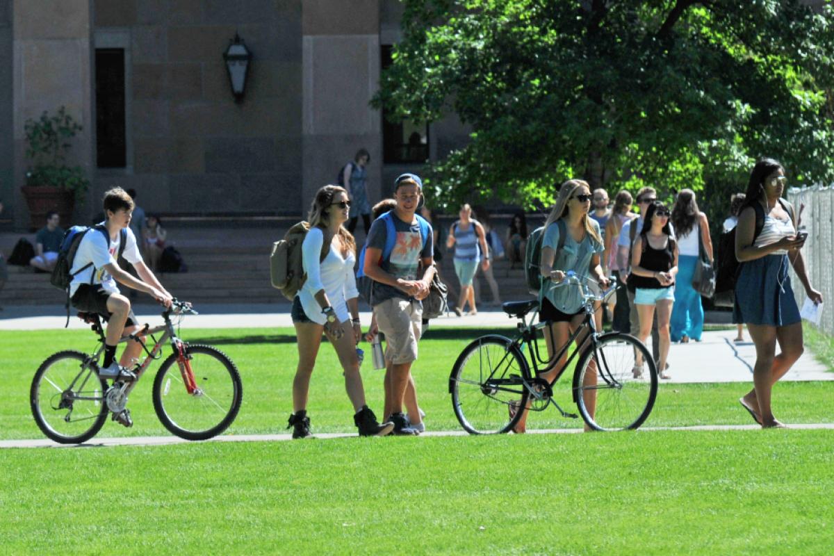 Norlin Library, students walking, biking