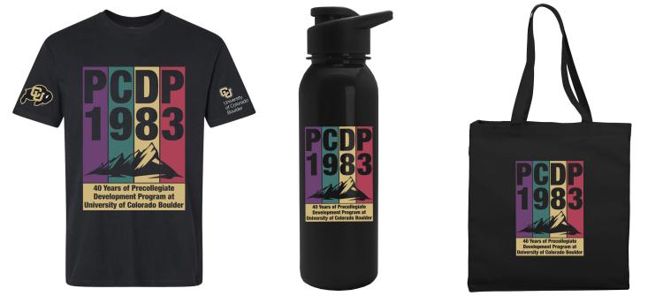 a preview of the black shirt, water bottle and tote bag for sale, all with the PCDP 40th Anniversary design.