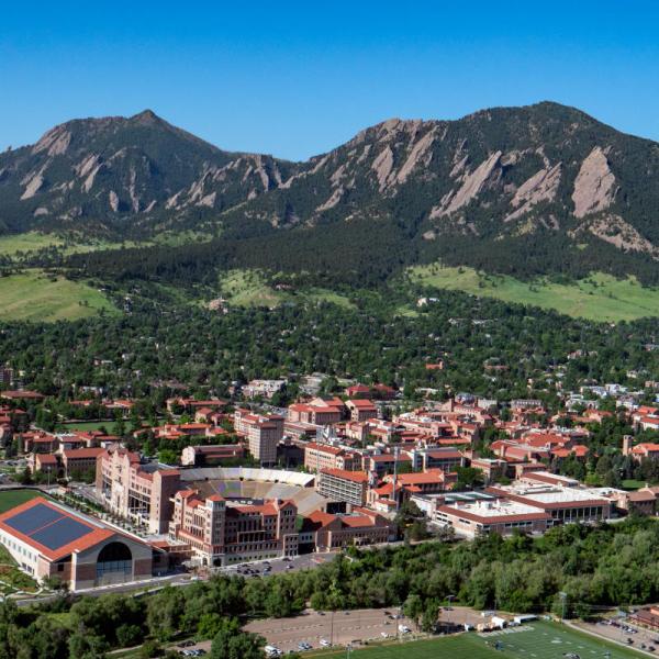 an aerial view of the CU Boulder campus and Flatirons