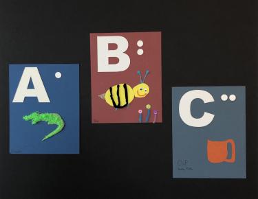 Letters A,B, and C of tactile alphabet panels