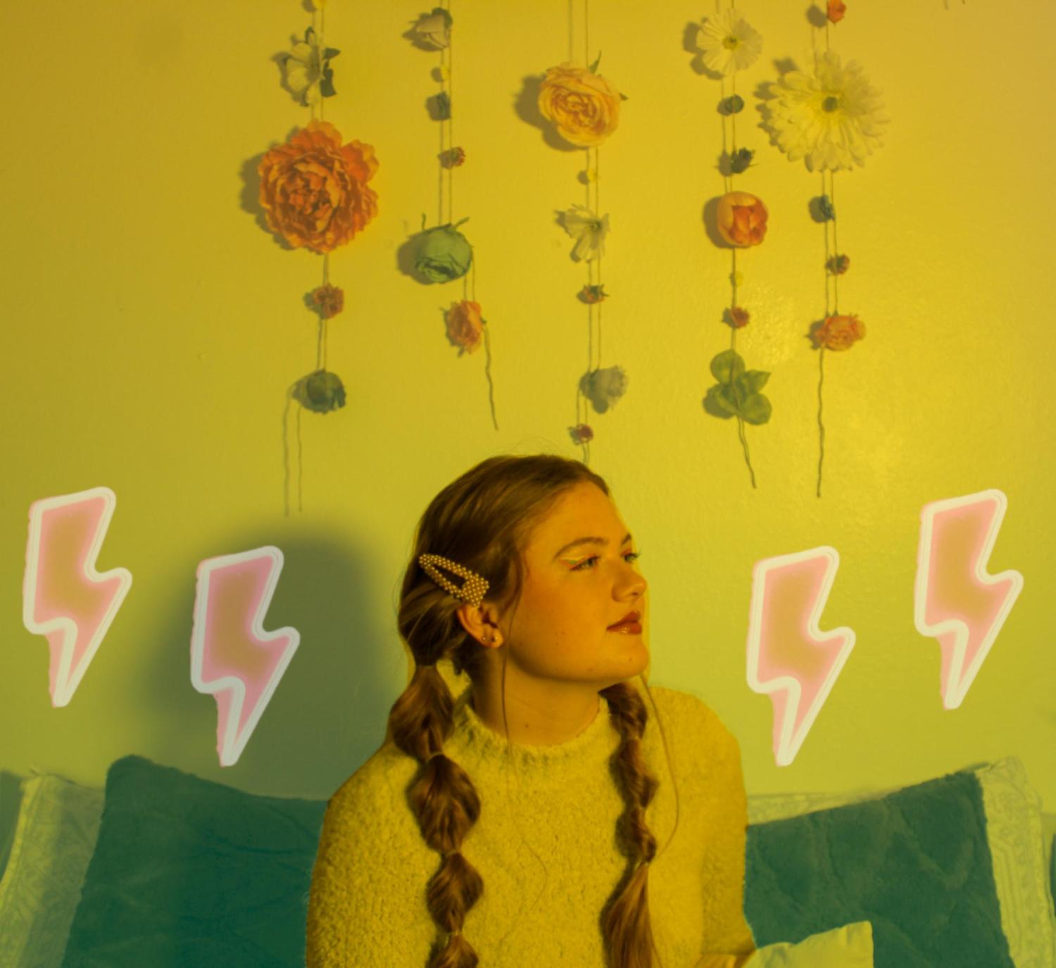 Woman with braided hair in a yellow and green room with hanging flowers