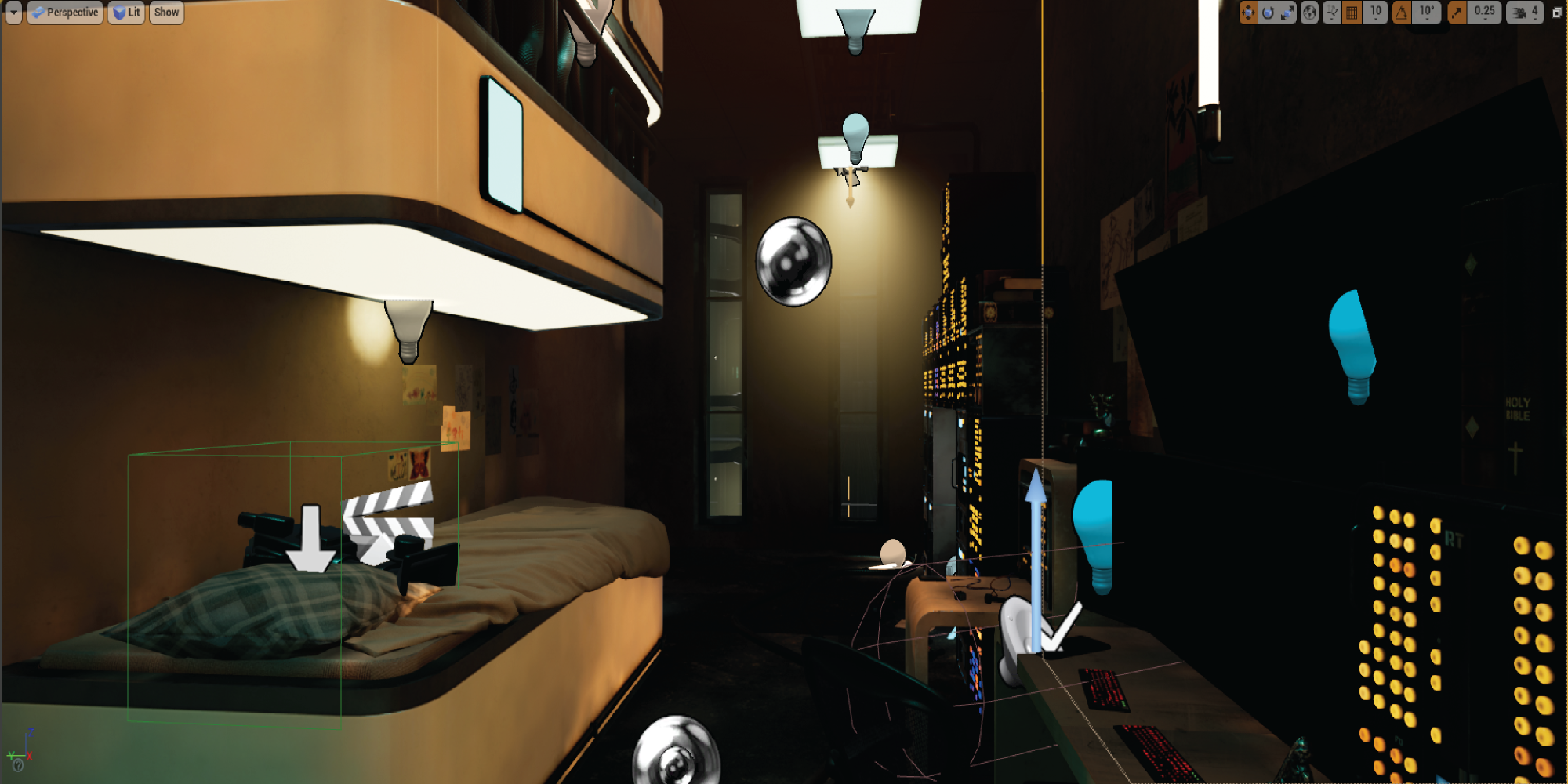 Level 4: Looking back in the cyberpunk room, it is now sunrise and light dances through the windows