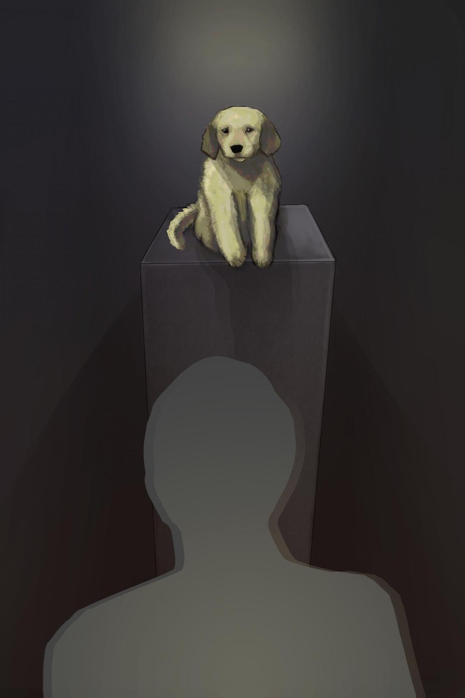 Illustration of a dog sitting on a pedestal with silhouette of a person standing in front.