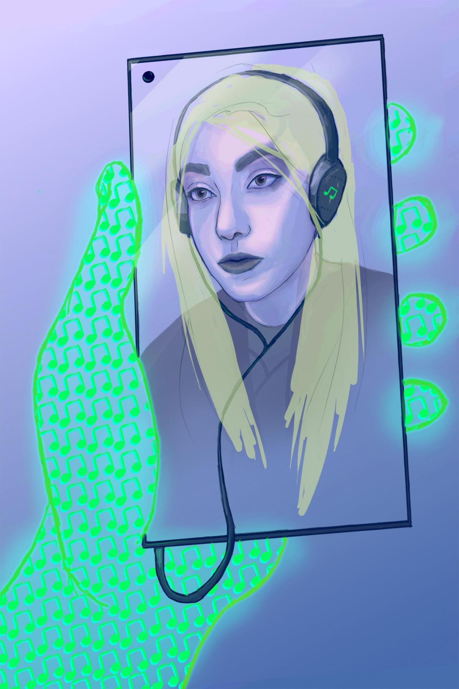 Illustration of a hand holding a cell phone that shows an image of a girl with long blond hair wearing headphones.