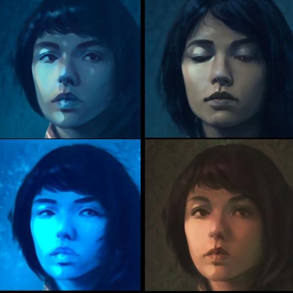 Four AI generated portraits of a girl with short hair. Her eyes are open in three portraits and closed in one.