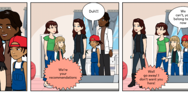 Student-designed comic, created in Pixton Comics, that expresses their concerns about the ubiquity of recommendation algorithms.