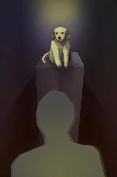Illustration of a silhouetted person looking at a dog.