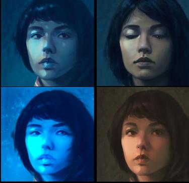 Four similar illustrations of a girl with short dark hair. Her eyes are open in three of the images and closed in one image.