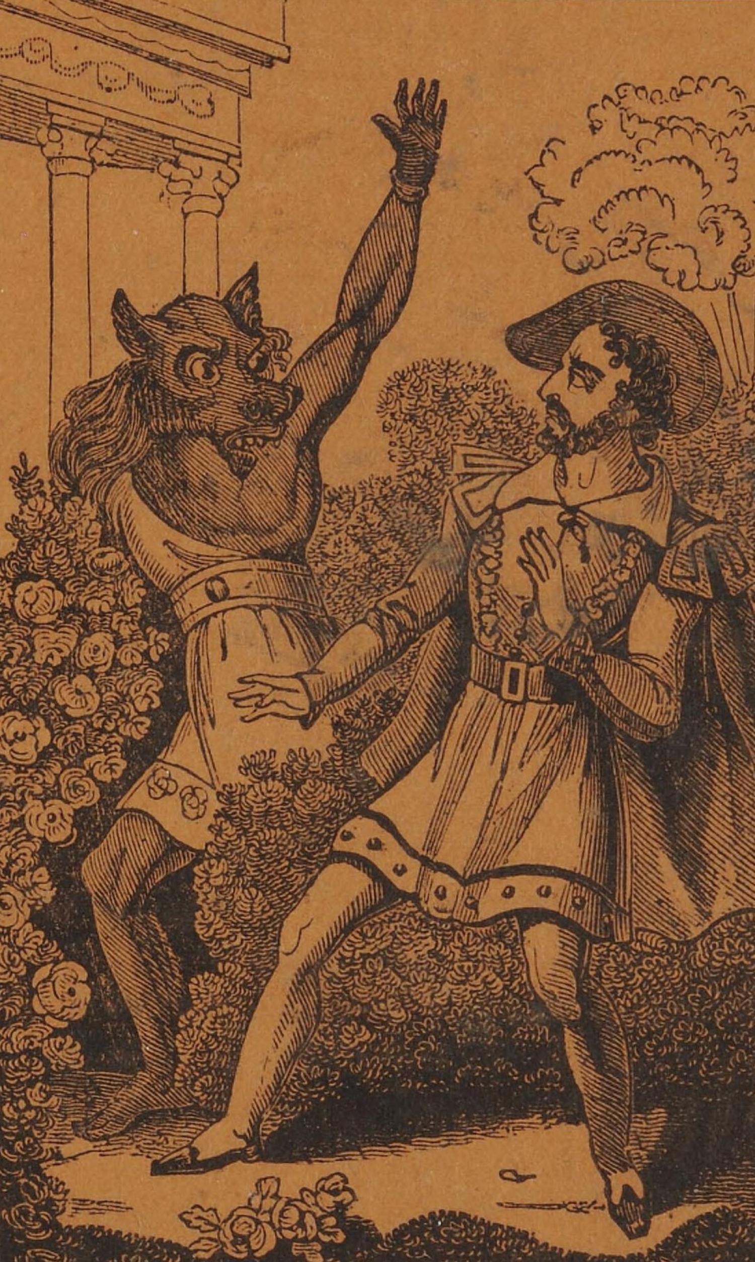 An inked illustration of a man like beast stepping out of a hedge, and a man startled by the appearance of the beast