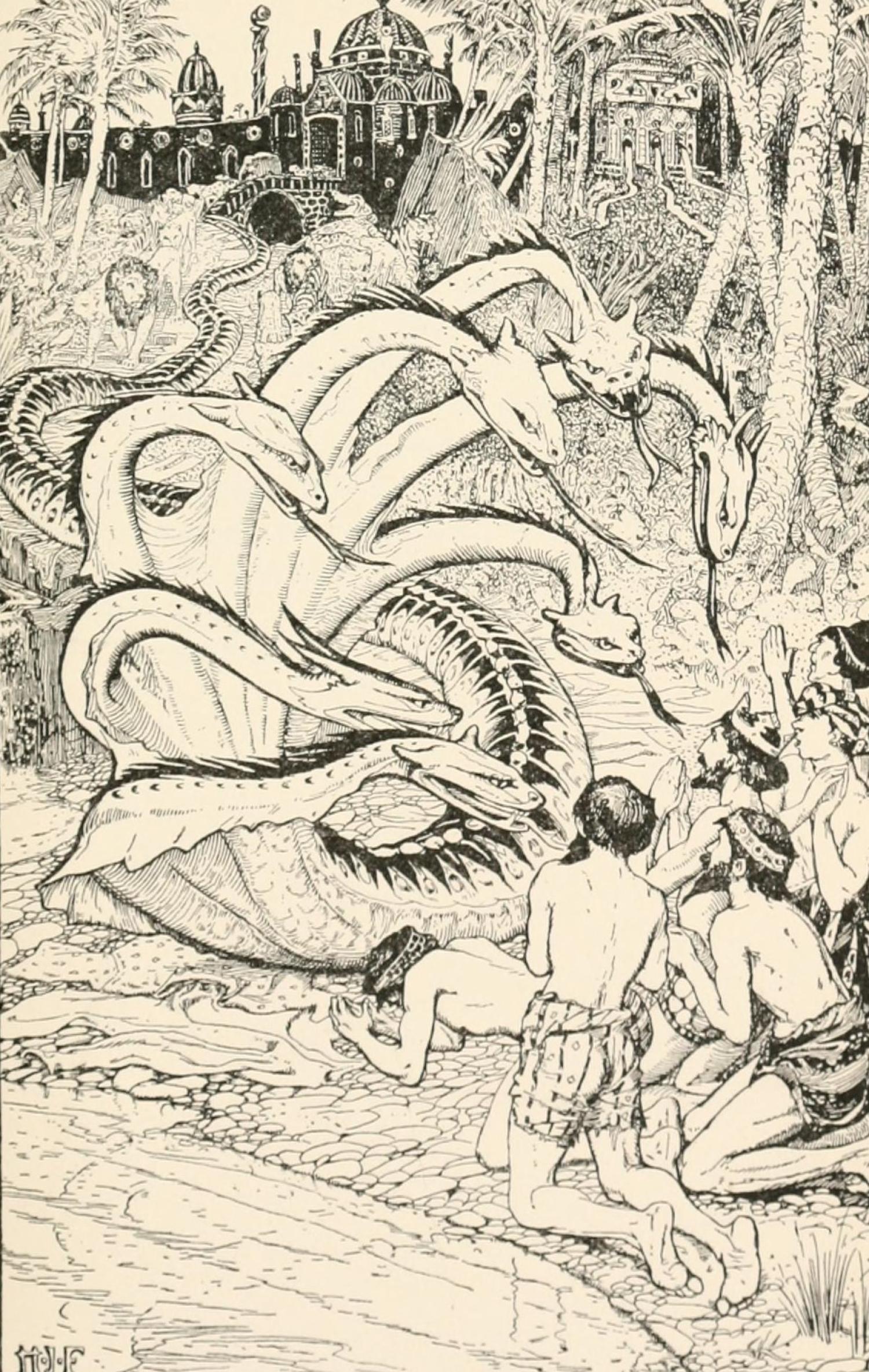 llustration from first page of tale, depicts a seven-headed dragon/serpent terrorizing a group of people