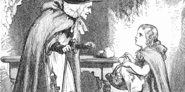 illustration from the tale, depicts an older woman speaking to a younger female child