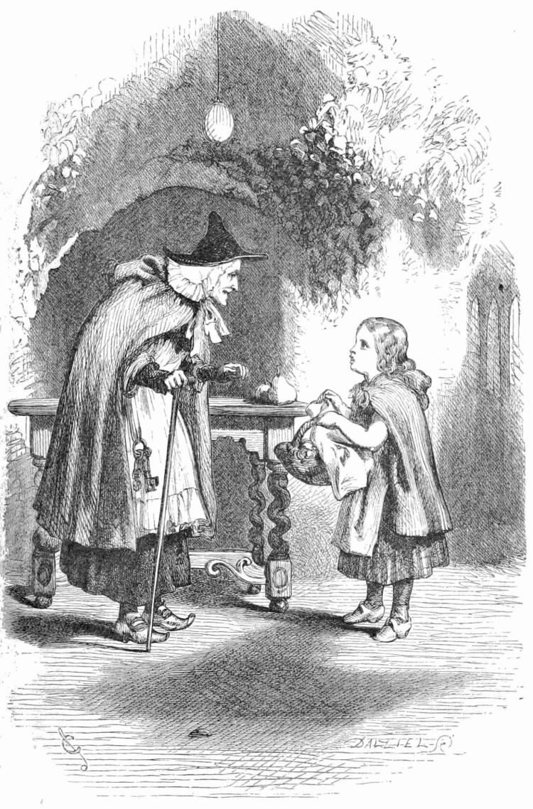 illustration from the tale, depicts an older woman speaking to a younger female child