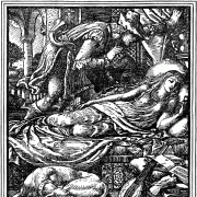 Illustration of the Prince leaning over Sleeping Beauty