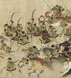 medieval images of samurai warriors fighting on scroll
