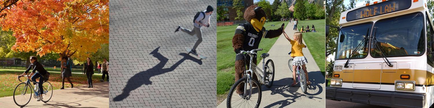 Collage of people using alternate modes of transportation on campus