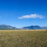 Picture of a grassy meadow with mountains in the background