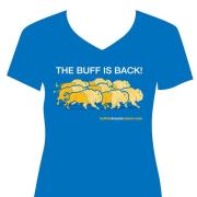 Blue t-shirt with "The Buff Is Back!" text and image of buffalo herd.