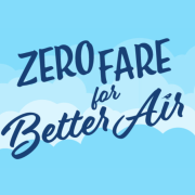 Dark blue text and sky blue background reading "Zero Fare for Better Air"