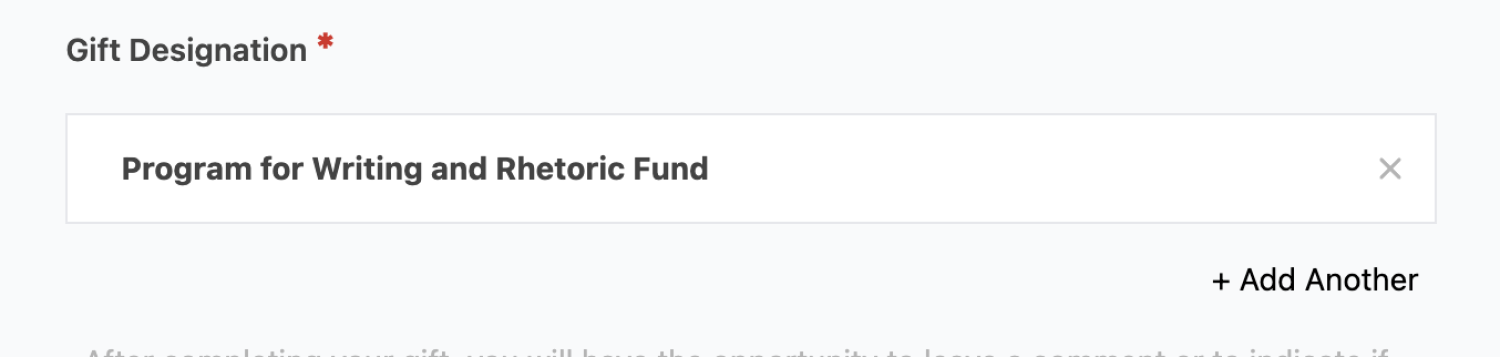 The Gift Designation field on the donate page has "Program for Writing and Rhetoric Fund" selected