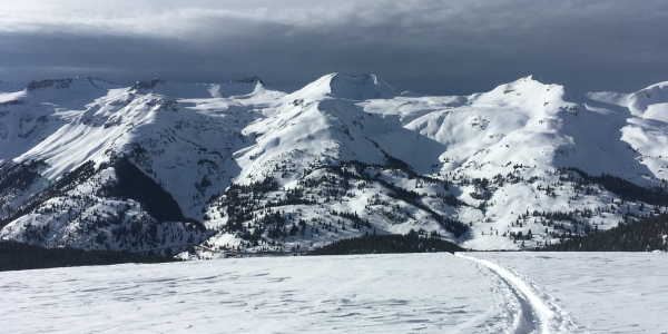 A wide shot of a snowy mountain range and cloudy skies. In the foreground, a path in the snow runs across a hill toward the mountains. Image taken from the Hindsight Journal 