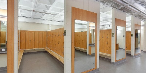 Photo of the interior space of a regular locker room at the Rec Center.
