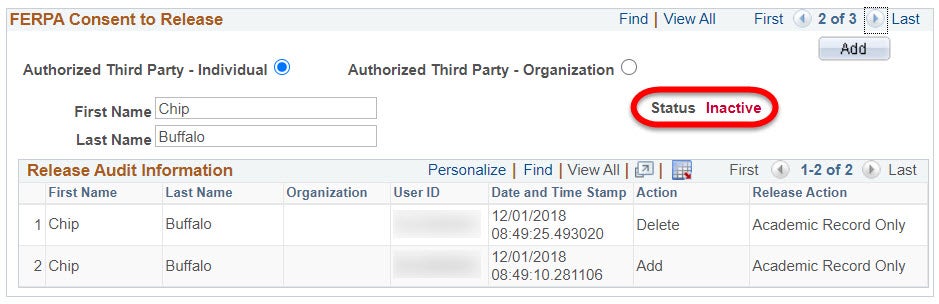 A screenshot from Campus Solutions of an inactive FERPA consent to release authorization. The authorization phrase field is not displayed, and the "Status" field is labeled "Inactive".