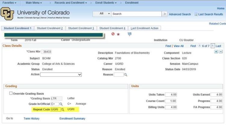 A screenshot of the enrollment page in Campus Solutions for a specific student. In the grading section, the repeat code is listed as "UGRI."