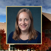 Headshot of Nikki Lovenduski over a photo of SEEC Building on CU Boulder East Campus