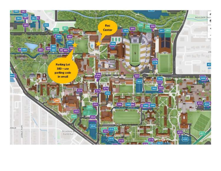 Parking map with Lot 380 and the Rec Center highlighted