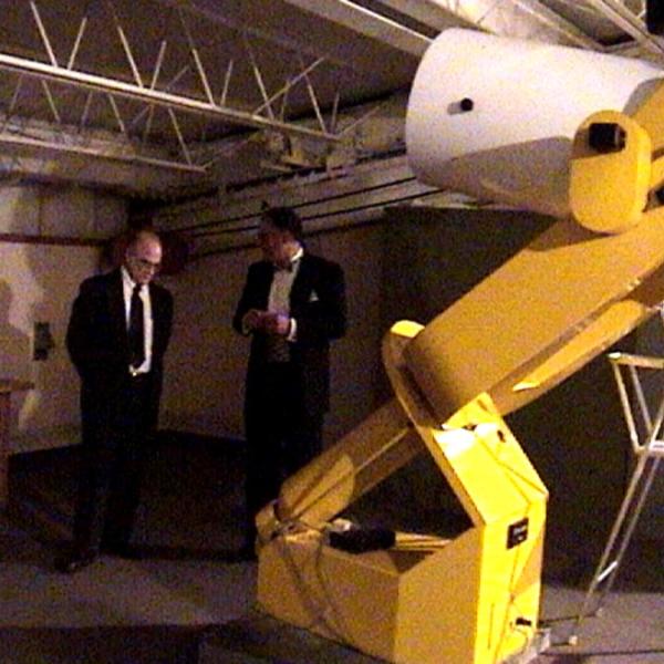 Dr. Frank Melsheimer (DFM) visiting the Sommers-Bausch Observatory 18-inch (the first DFM Scope) (50th Anniversary, August 2003) Photo credit Keith Gleason, Sommers-Bausch Observatory