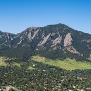 Arial view of the Flatirons mountain range from Boulder, Colorado.