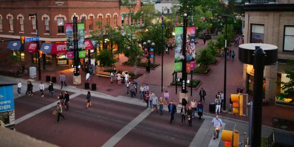 Aerial shot of pedestrians along Pearl Street Mall