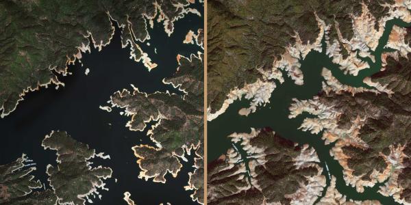 Before-and-after images of drought-diminished Lake Shasta