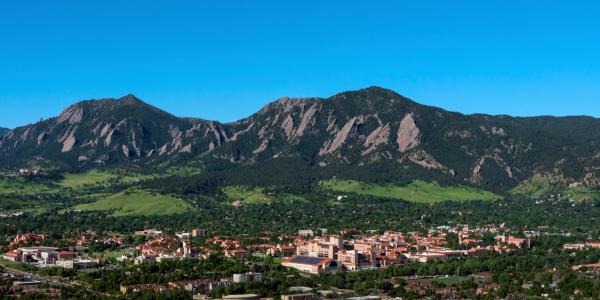 CU Boulder campus with Flatirons in the background