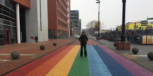 Student on Rainbow Street in Netherlands