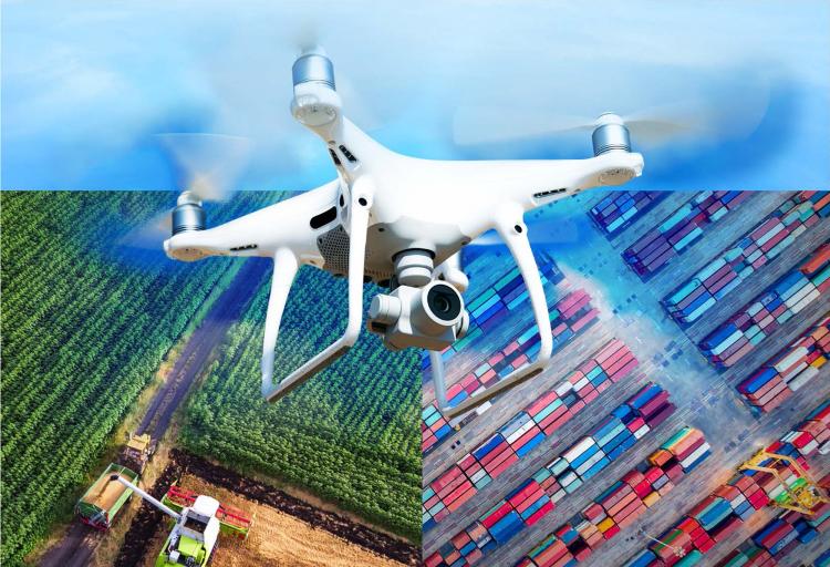 Drone above fields, buildings