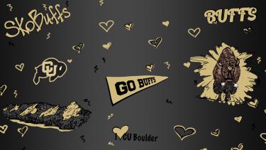 Drawing of elements from campus - flatirons, Ralphie, hearts, "sko buffs" on a black background 