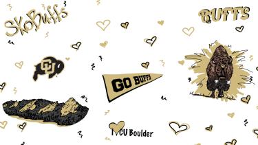 Drawing of elements from campus - flatirons, Ralphie, hearts, "sko buffs" on a white background 