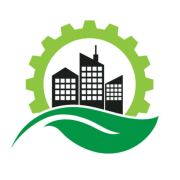 Clipart of a leaf, three buildings, and a gear