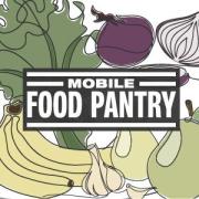Mobile Food Pantry logo with sketch of fruit in background