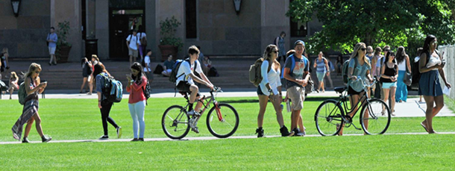 A line of students walk toward class during the summer.