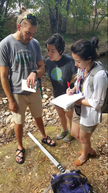 Students making field measurements in their outdoor environmental sampling and analysis class.