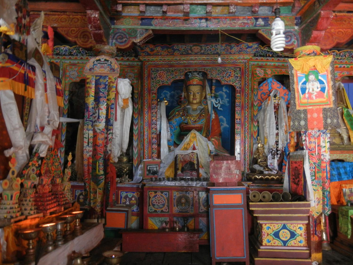 he interior of the Sama gompa. Note the image of Thangthong Gyalpo, the traditional founder of lhamo or Tibetan opera, in the upper right