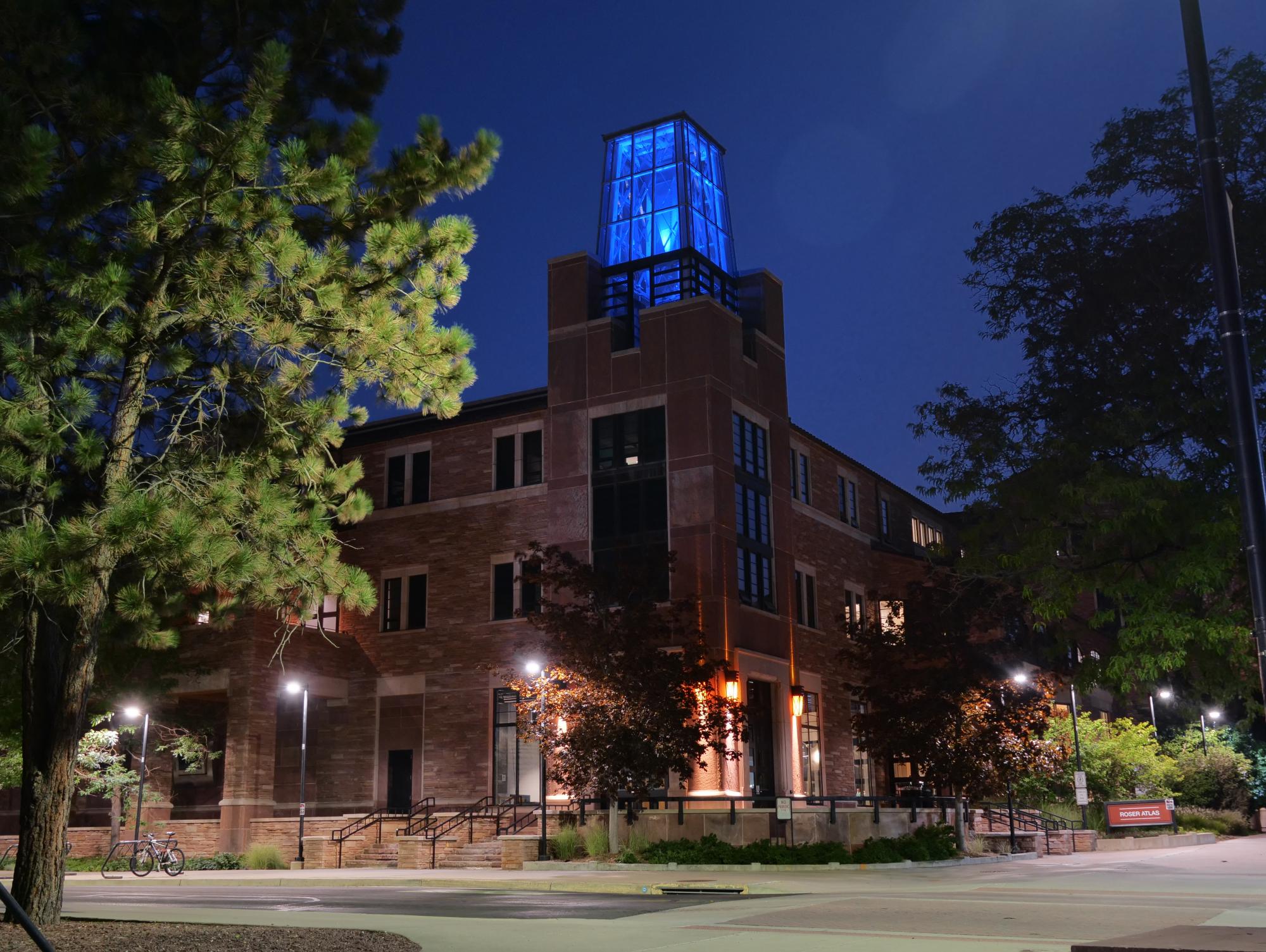 The ATLAS tower shines blue in remembrance (Photo by Casey Cass/University of Colorado)