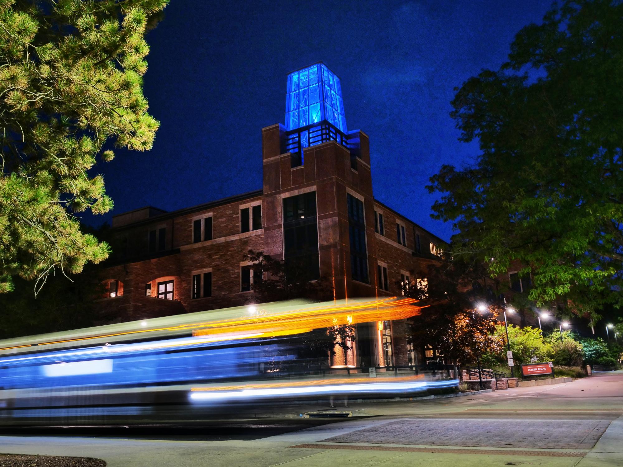 The ATLAS tower shines blue in remembrance (Photo by Casey Cass/University of Colorado)
